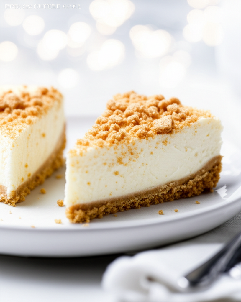 Two slices of frozen cheesecake with graham cracker crust and crumble topping on a white plate.