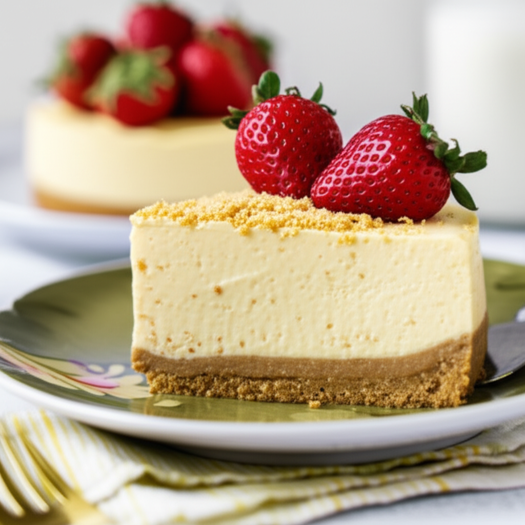 Cheesecake slice with graham cracker crust, topped with crumbs and strawberries, on a green plate.