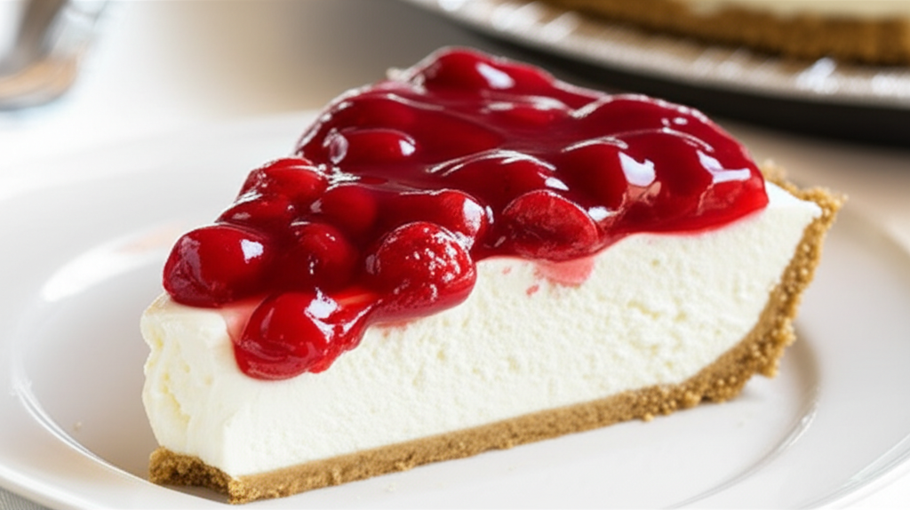 Slice of no-bake cheesecake with graham cracker crust and glossy cherry topping on a white plate.
