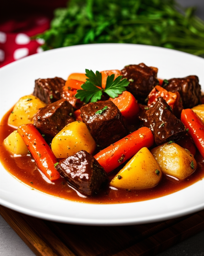 Beef stew with carrots and potatoes in a rich brown sauce, served on a white plate and garnished with parsley.