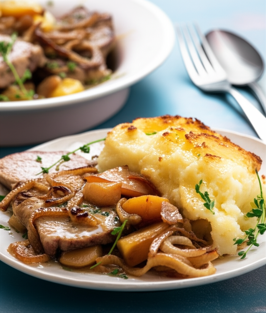 Pork chop stew with caramelized onions, potatoes, and mashed potatoes on a white plate.