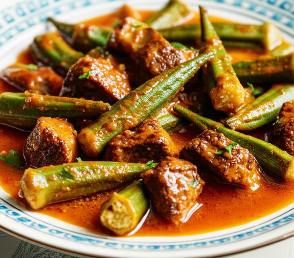 Meat and okra stew in a reddish-brown sauce, served on a blue-patterned plate.