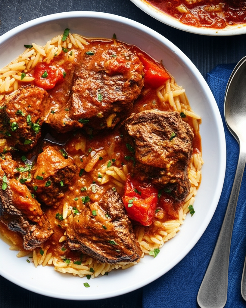 Lamb orzo stew in a white bowl. Tender meat and tomatoes in rich sauce over pasta, garnished with herbs.