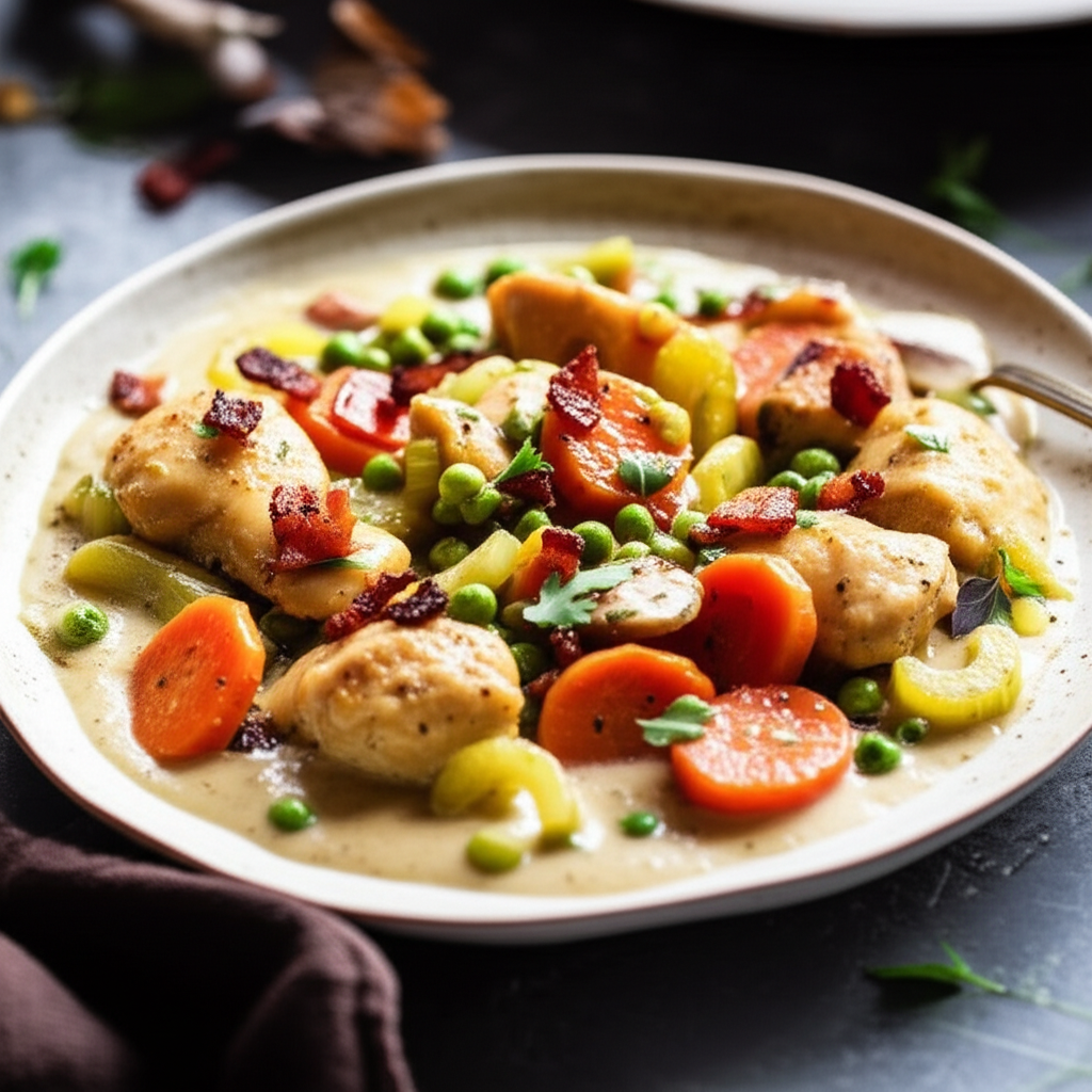 Creamy chicken stew with carrots, peas, celery, and bacon bits, served in a shallow bowl.