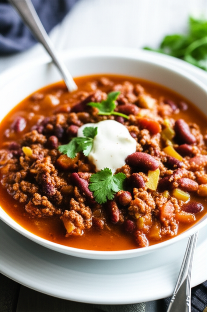 Bowl of quick chili with ground beef, kidney beans, and vegetables, topped with sour cream and parsley.