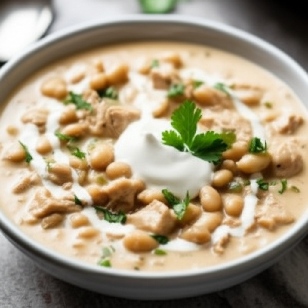 Creamy white chili in a bowl, topped with sour cream, parsley, chicken, and white beans.