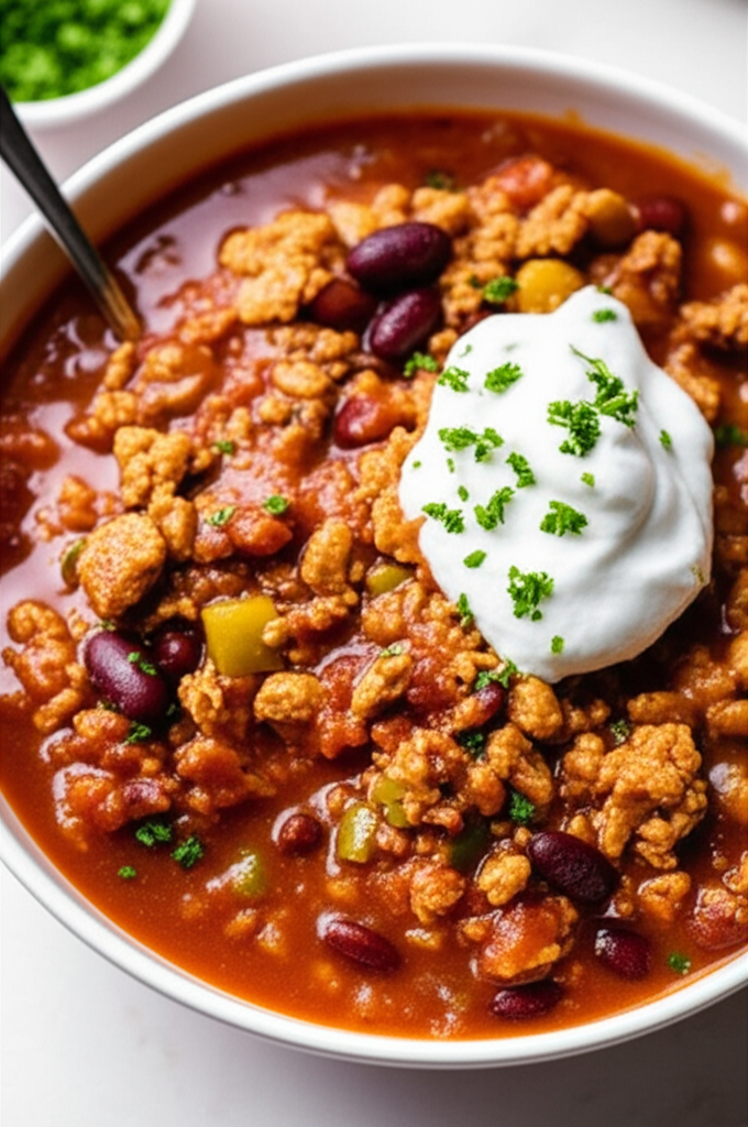 Bowl of turkey chili with kidney beans, green peppers, and a dollop of sour cream topped with parsley.