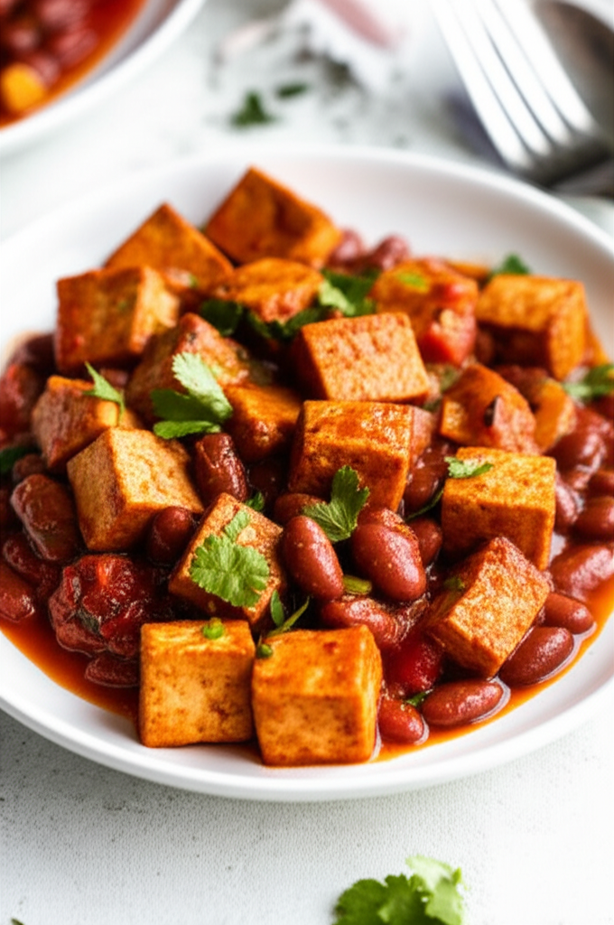 Tofu Chile: Cubed, pan-fried tofu with kidney beans in a red sauce, garnished with cilantro, served in a white bowl.