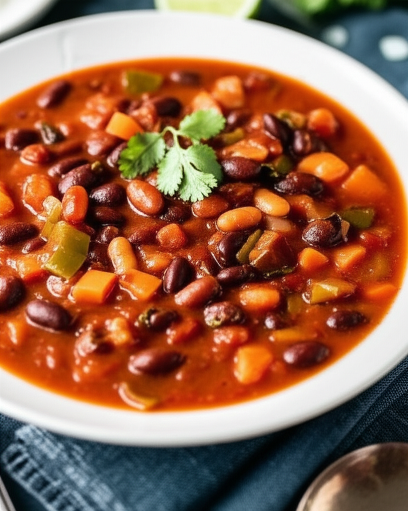 Chunky vegetable chili in a white bowl, garnished with cilantro. Visible are beans, carrots, and green peppers.