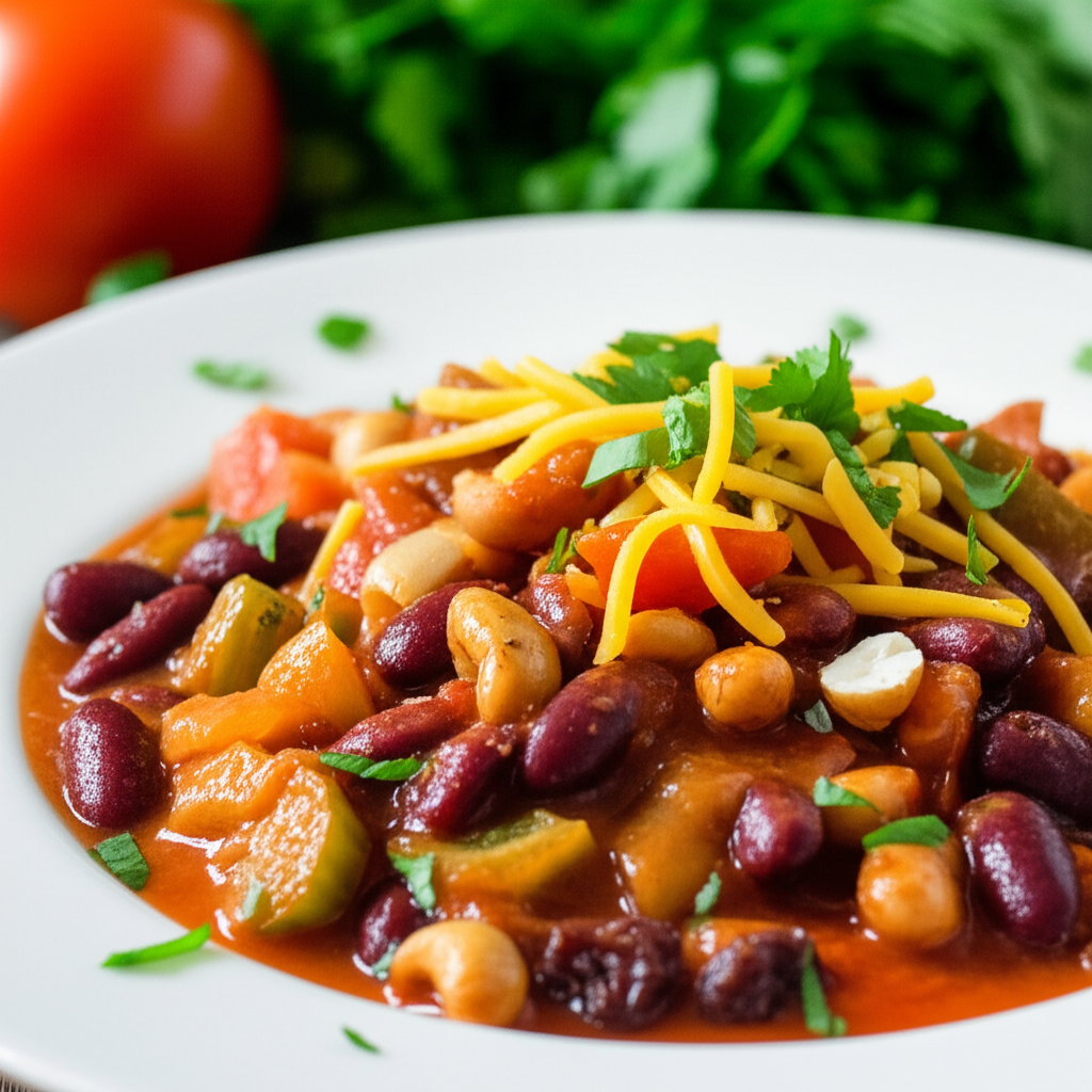 Vegetable chili in a white bowl, topped with shredded cheese and parsley.