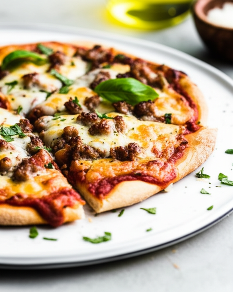 Baked pizza with sausage, melted mozzarella, tomato sauce, and basil on a white plate.