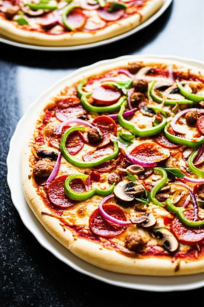 Baked pizza with pepperoni, mushrooms, green peppers, and red onion on a white plate.