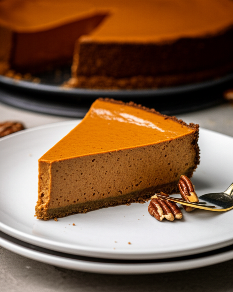 Slice of smooth, orange pumpkin cheesecake with a dark crust, garnished with pecans on a white plate.