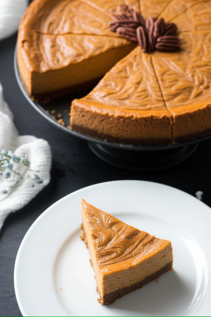 Marbled pumpkin cheesecake with pecan garnish. Slice on plate shows crust and filling layers.