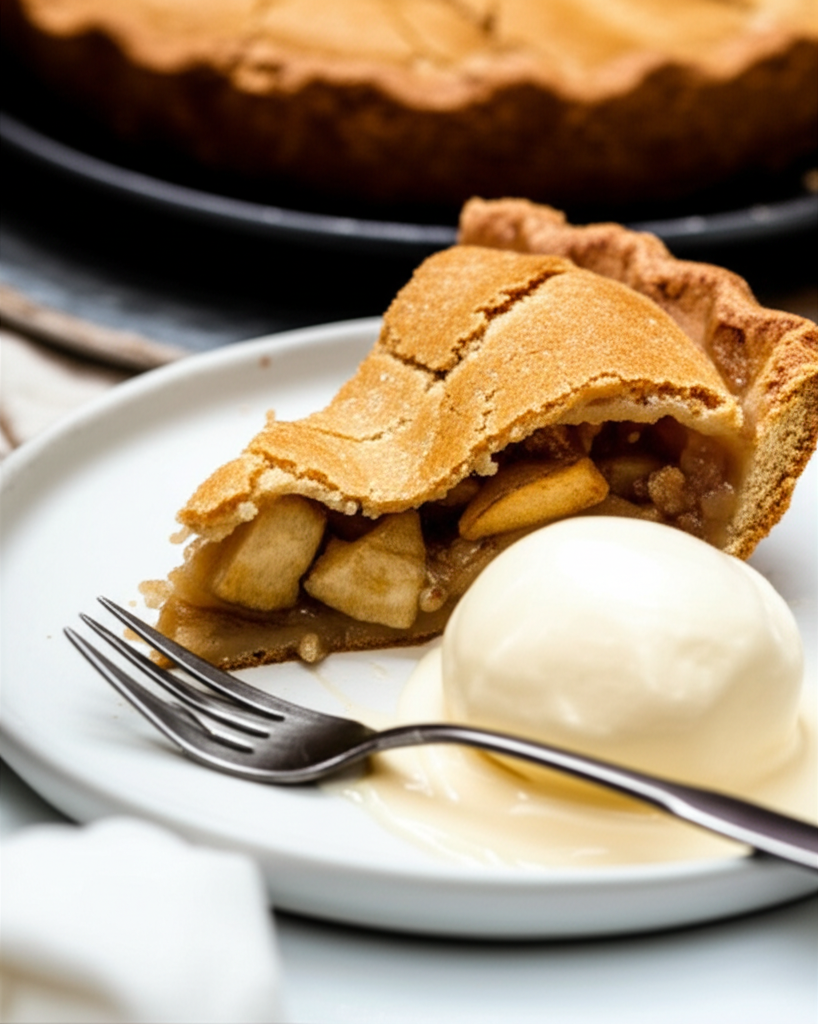Slice of Swedish apple pie with golden crust, served with vanilla ice cream and a fork on a white plate.
