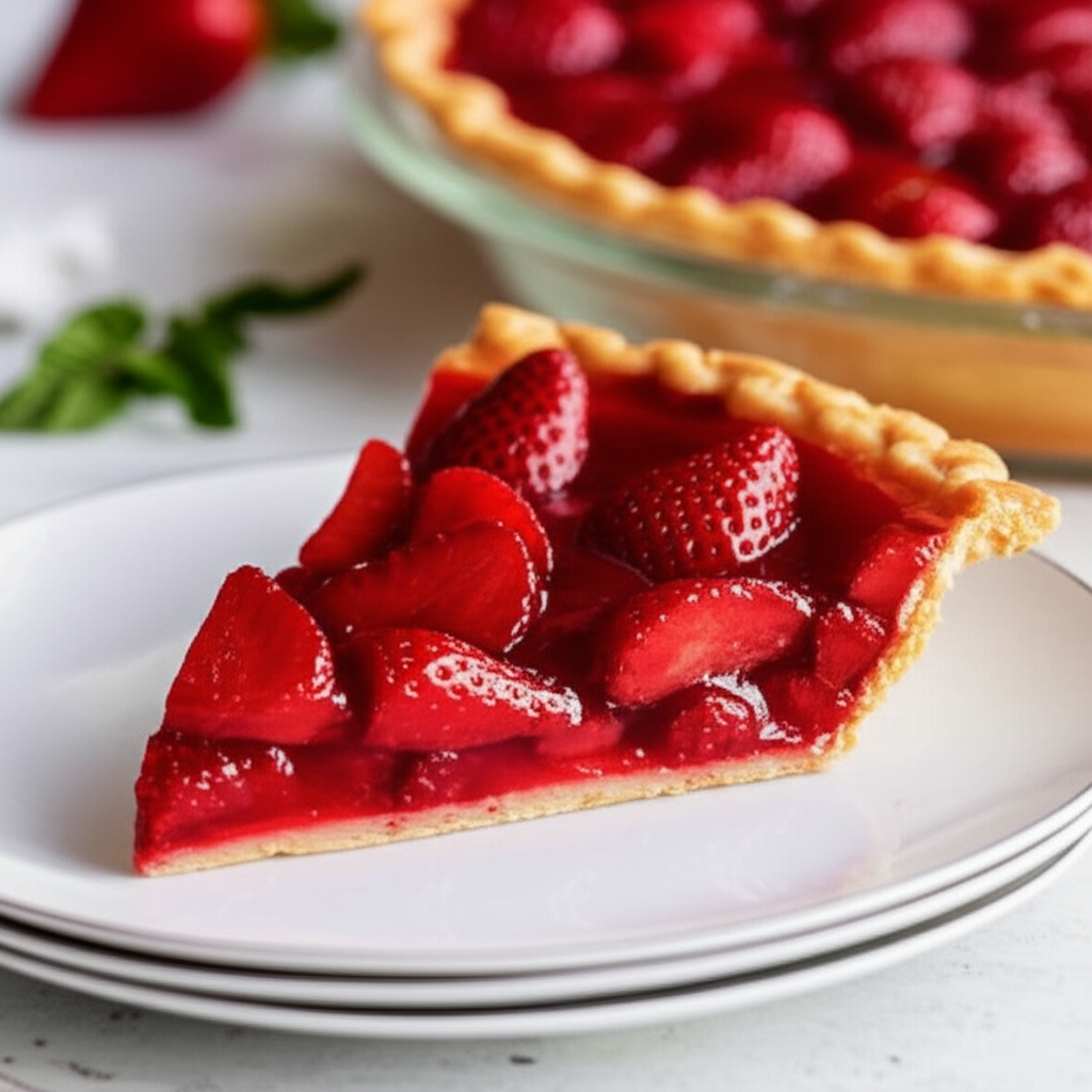 Slice of strawberry pie with golden crust and shiny red glaze on a white plate.