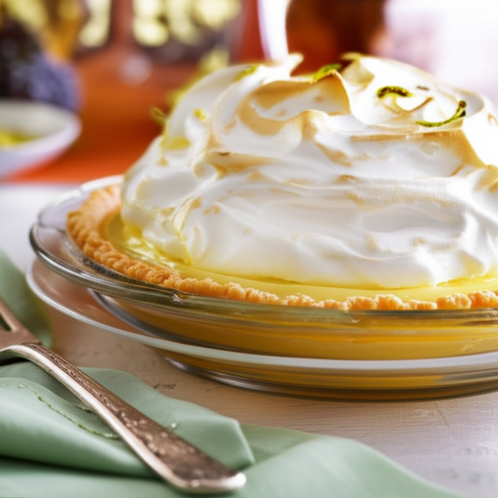 Lemon meringue pie in glass dish. Golden crust, lemon filling, and browned, fluffy meringue topping.