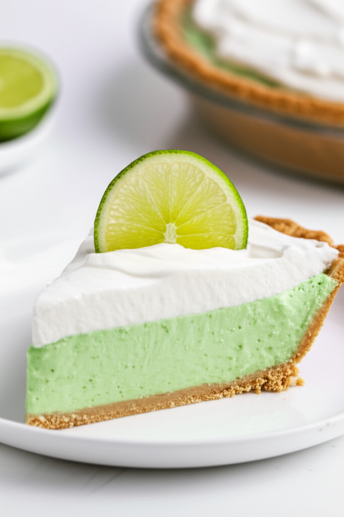 Slice of lime chiffon pie with graham cracker crust, light green filling, whipped cream topping, and lime garnish.
