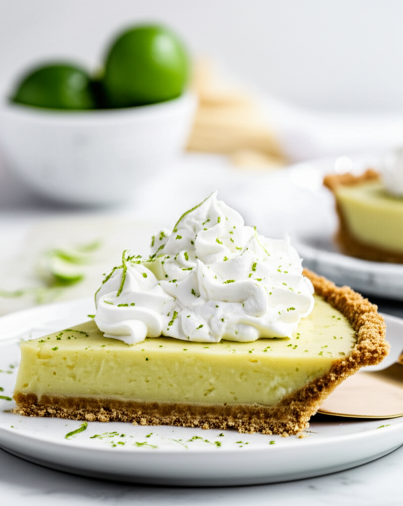 Key lime pie slice with graham cracker crust, topped with whipped cream and lime zest.