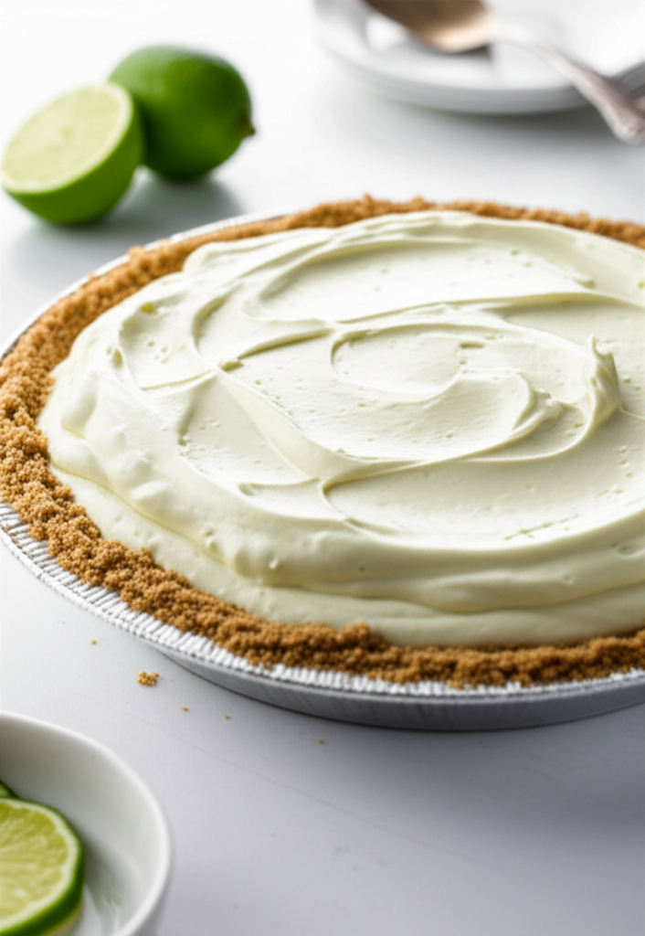 Limeade pie: Graham cracker crust filled with smooth, light green lime filling. Limes in background.