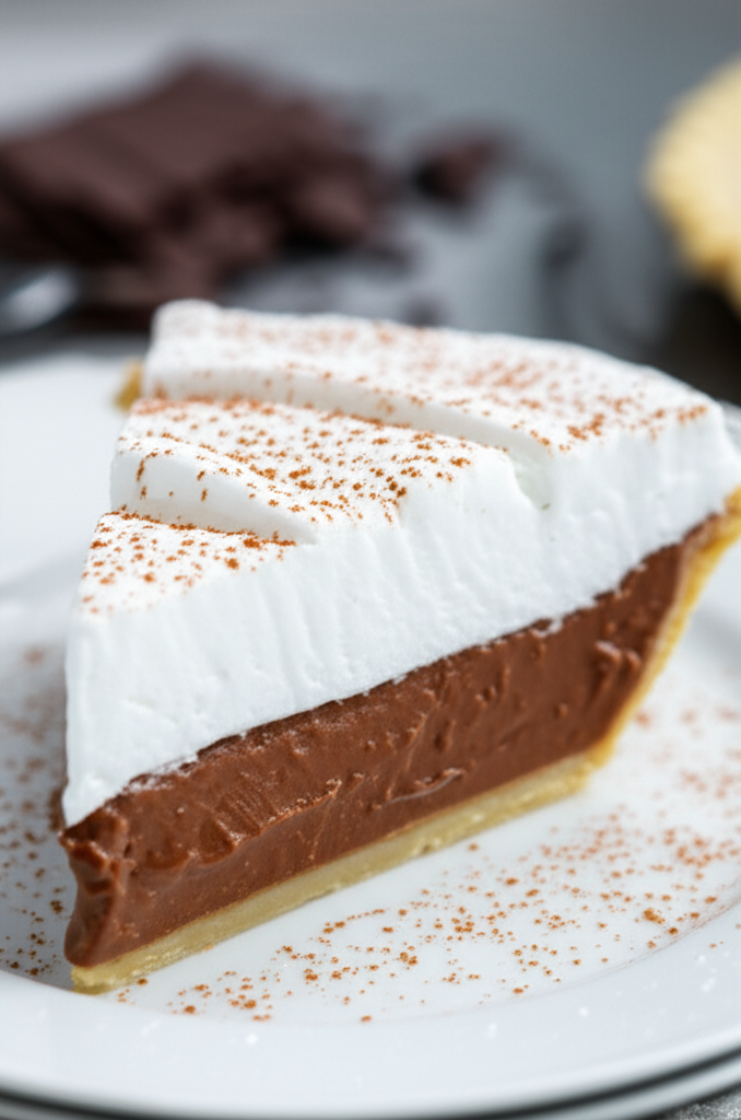 Slice of chocolate pie with tall, fluffy meringue topping, dusted with cocoa powder, on a white plate.