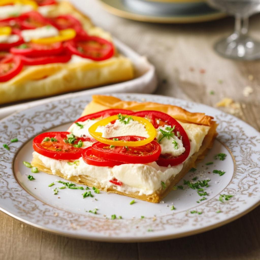 Slice of phyllo pizza on a plate, topped with creamy cheese, tomato slices, and yellow pepper rings.