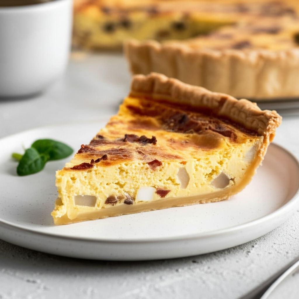 Slice of Quiche Lorraine on a plate. Golden crust, creamy filling with bacon and cheese.