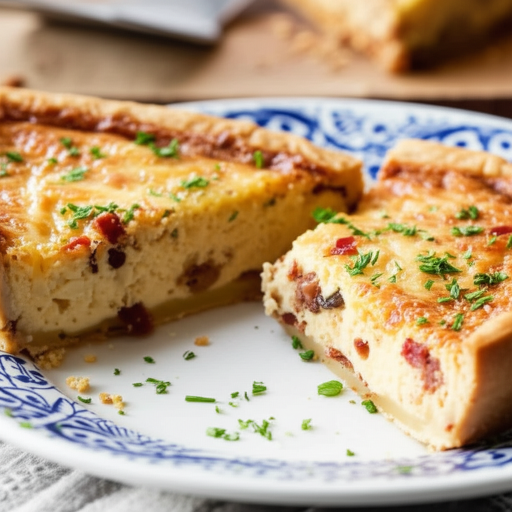 Two slices of baked quiche on a blue and white patterned plate, garnished with parsley.