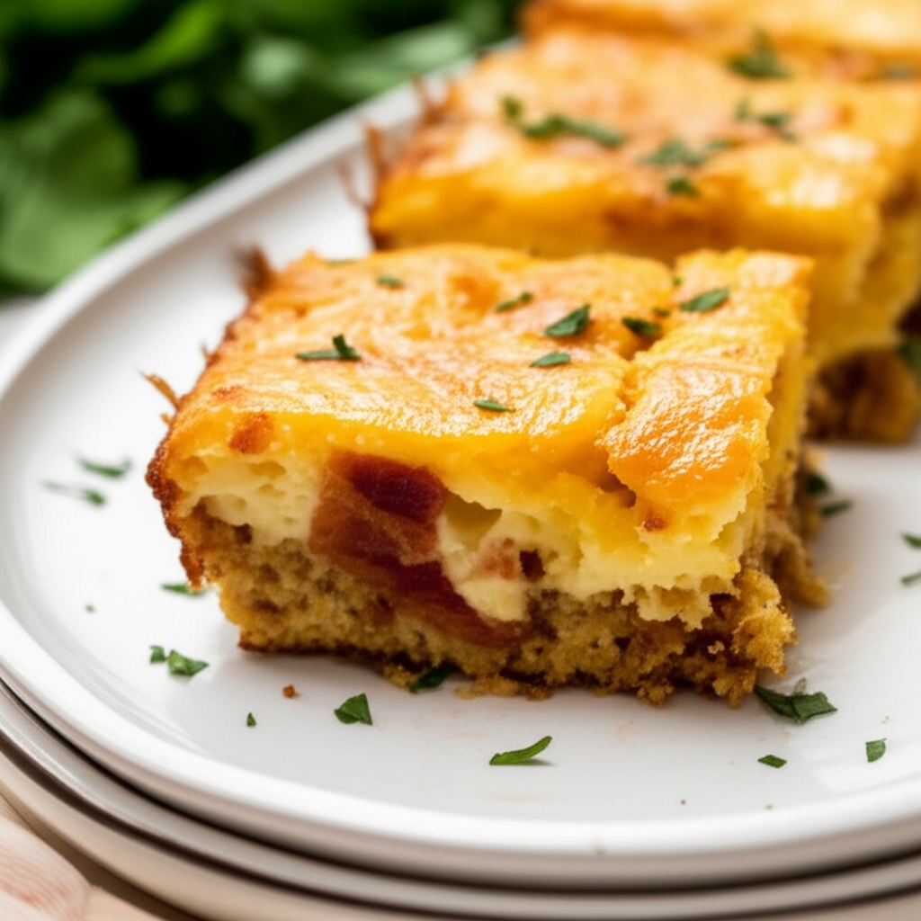 Baked breakfast casserole slice on a white plate, topped with melted cheese and parsley.