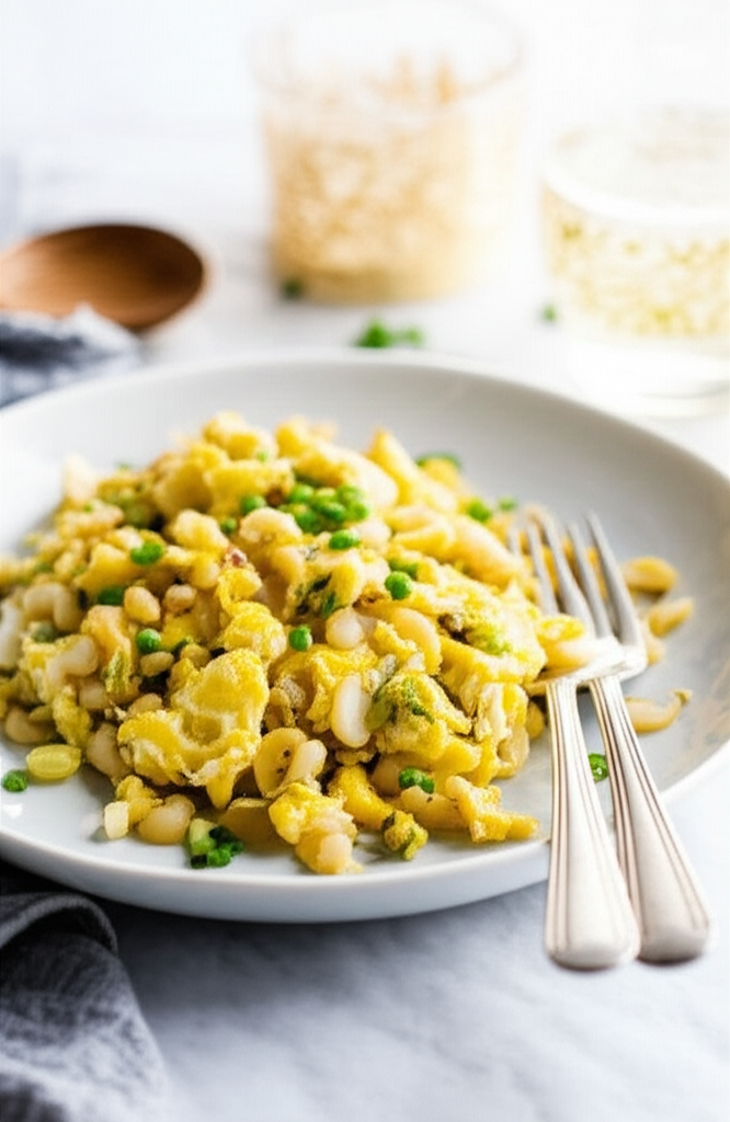 Scrambled eggs with white beans and peas on a plate, served with two forks.