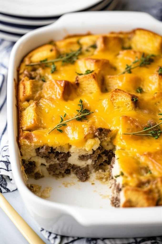 Baked egg casserole in white dish, topped with melted cheese, bread cubes, and thyme sprigs.