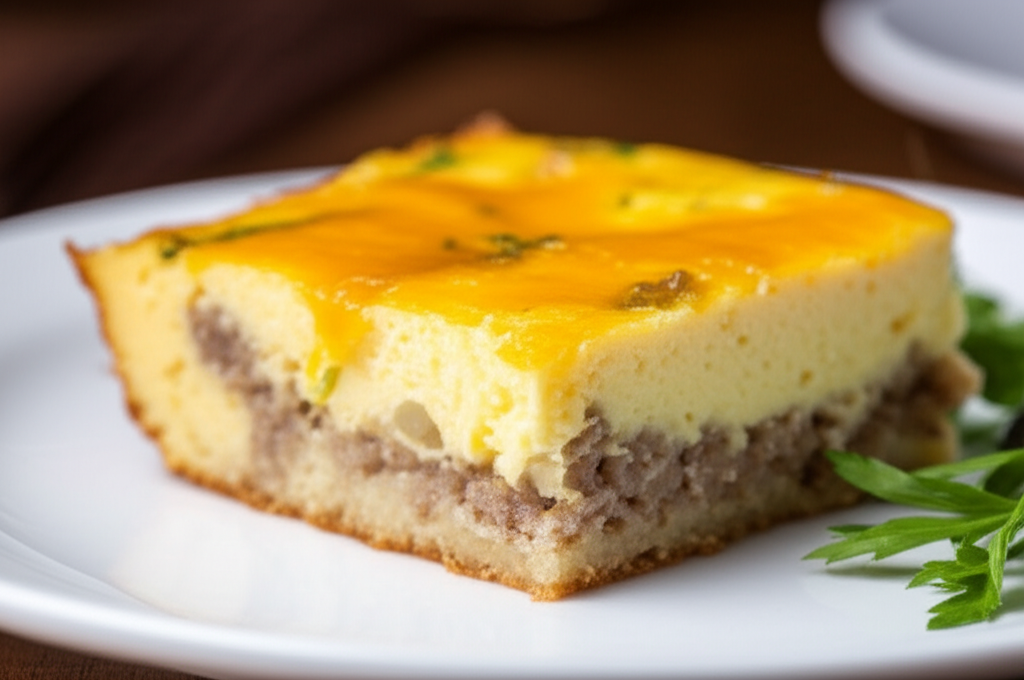 Slice of egg casserole on a white plate, showing layers of egg, meat, and golden-brown top.