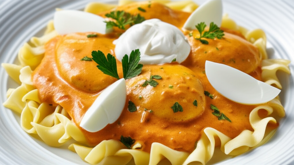 Egg paprikash on noodles, topped with sour cream, hard-boiled egg slices, and parsley.