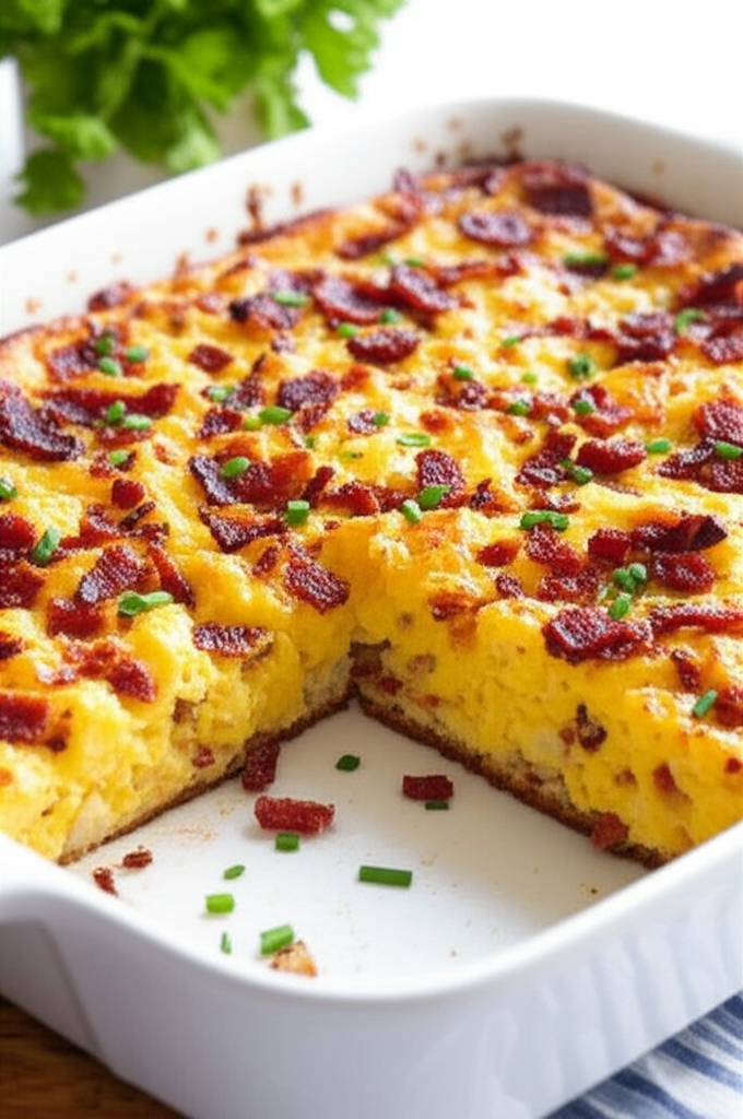 Baked egg and cheese strata in a white dish, topped with bacon and chives, with a slice removed.