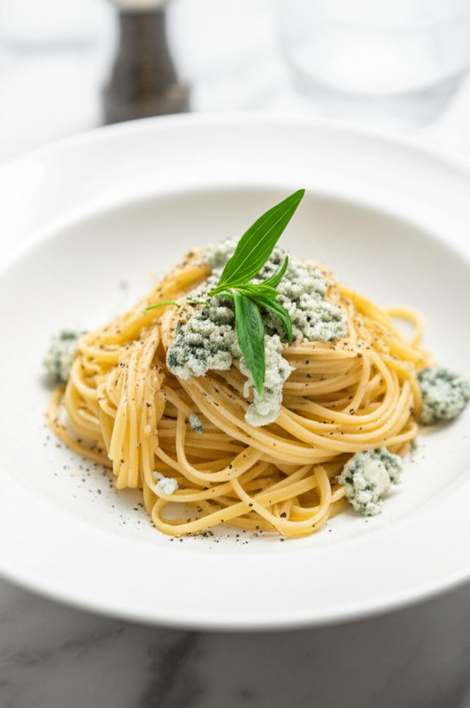 Linguine pasta with crumbled gorgonzola cheese, black pepper, and a fresh green herb garnish on a white plate.