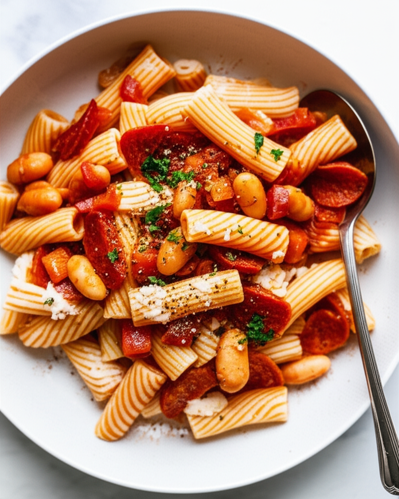 Pasta with tomatoes, white beans, and pepperoni in a white bowl, garnished with herbs.