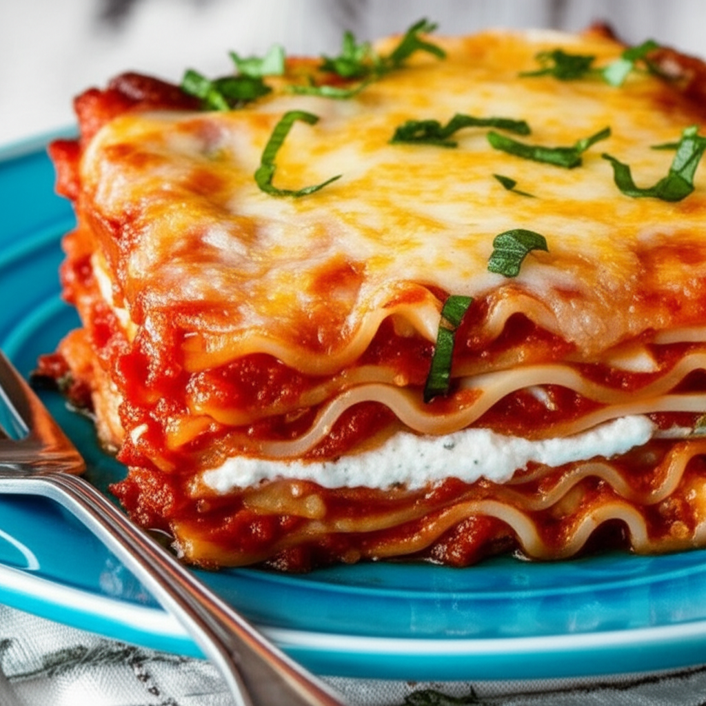 Layered lasagne with melted cheese, red sauce, and basil garnish on a blue plate.