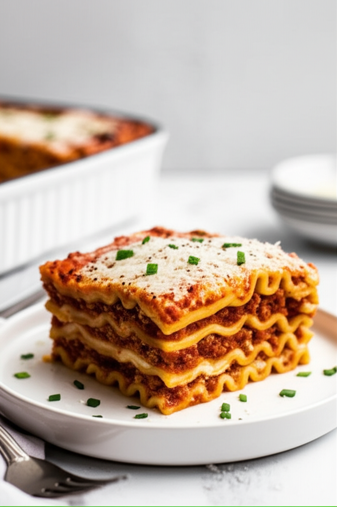 Layered lasagna with meat sauce and melted cheese, garnished with chives, on a white plate.