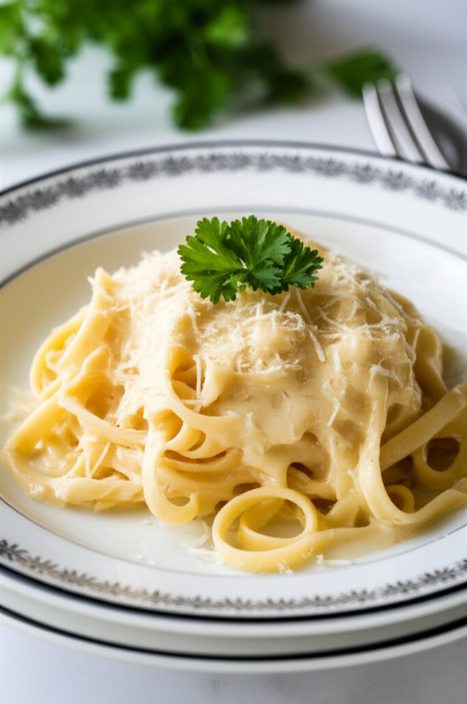 Fettuccine Alfredo on a white plate, topped with grated cheese and a parsley sprig.