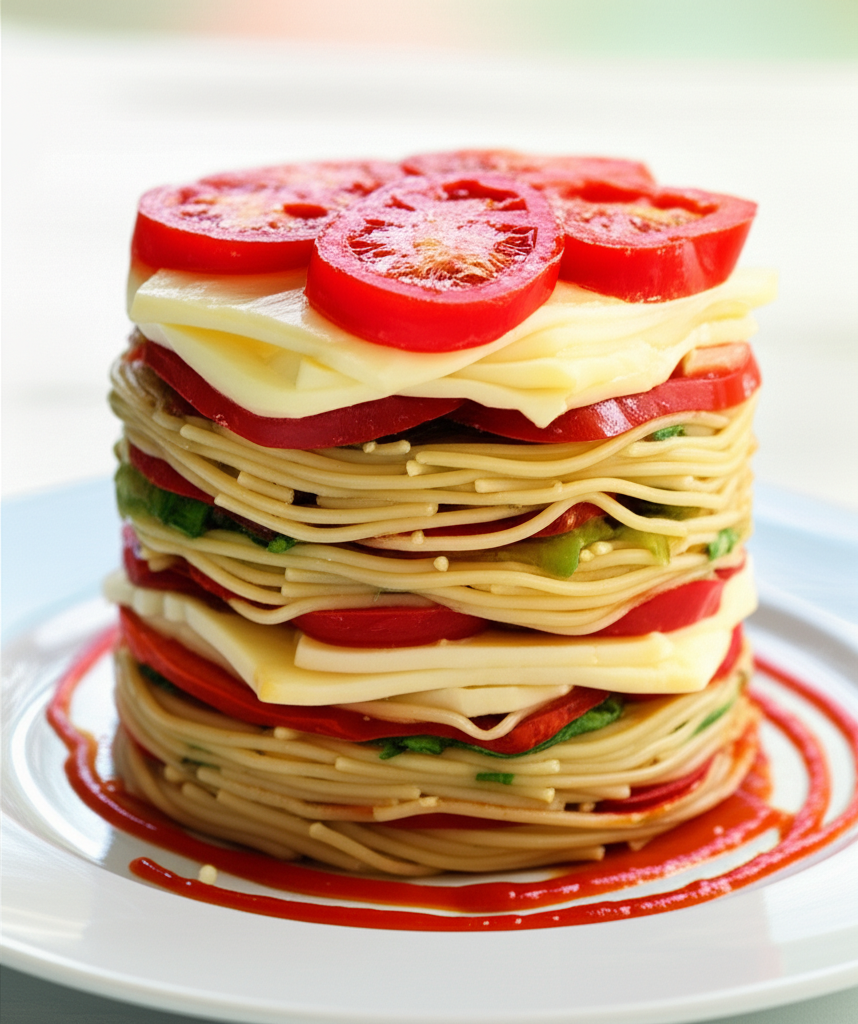 Tower of layered spaghetti, cheese slices, and tomato slices, drizzled with red sauce on a white plate.