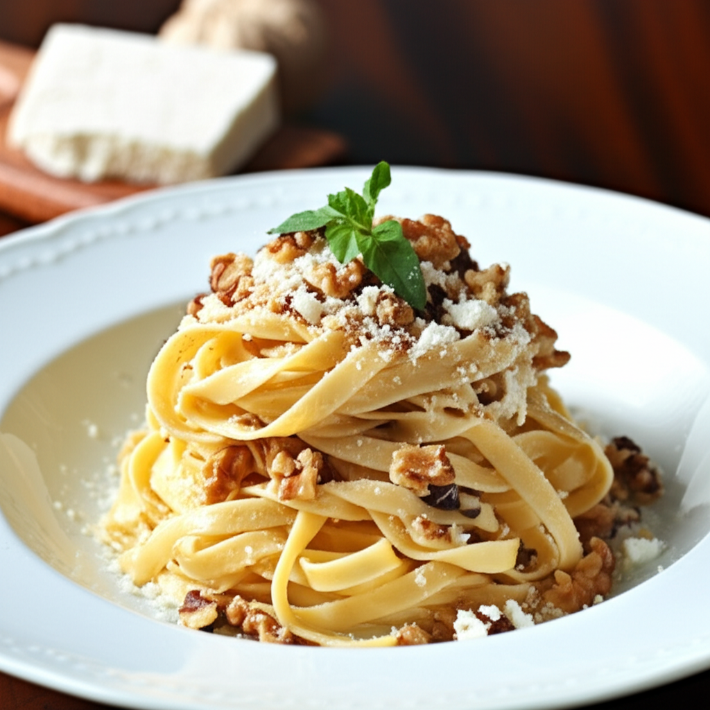 Fettuccine pasta topped with crumbled goat cheese, chopped walnuts, and a basil leaf on a white plate.