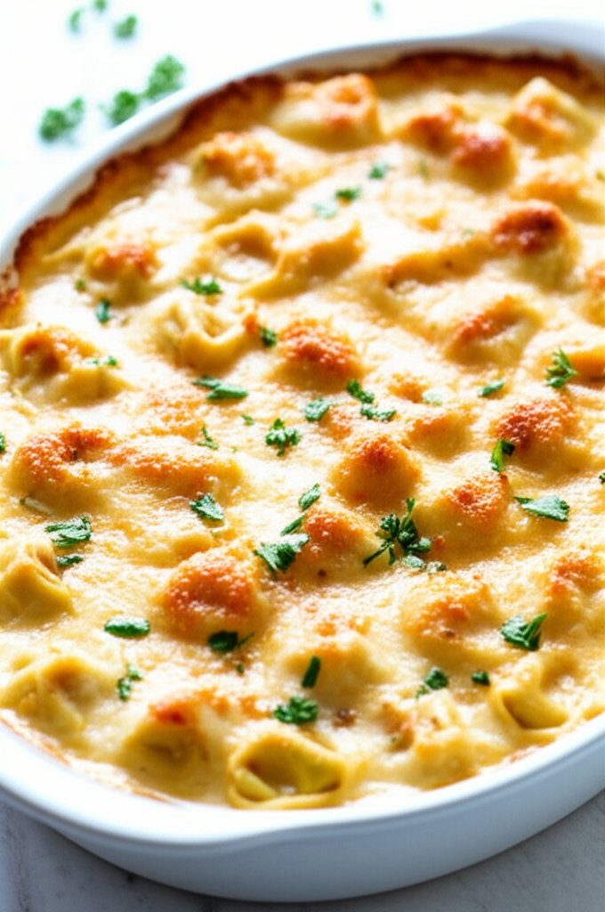 Baked tortellini in a creamy sauce, topped with browned cheese and parsley, served in a white dish.