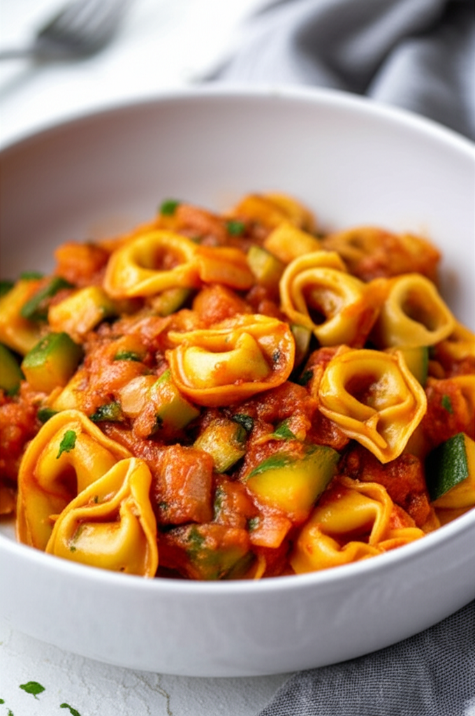 Tortellini with tomato sauce and zucchini in a white bowl.