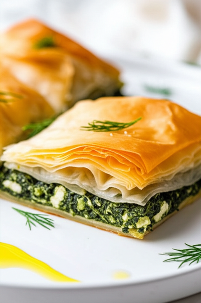 Flaky, golden-brown spanakopitta (spinach pie) square with spinach and feta filling, garnished with dill.