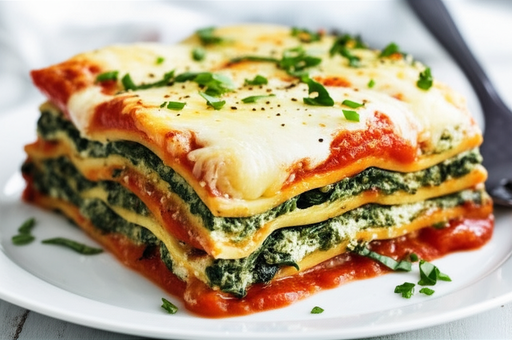 Layered spinach lasagna with melted cheese, red sauce, and parsley garnish on a white plate.