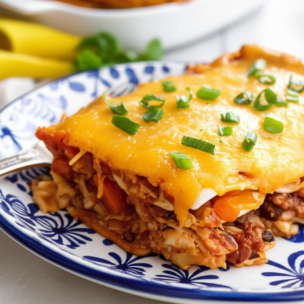 Slice of Veg-Mex Strata on a blue patterned plate, topped with melted cheese and green onions.