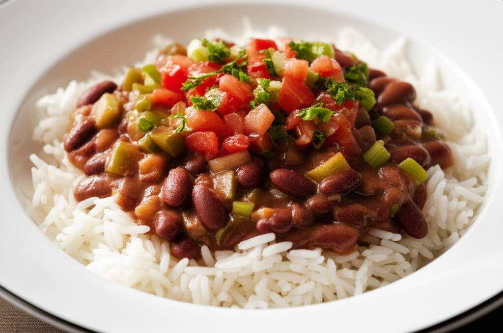 Red beans and rice in a white bowl, topped with diced tomatoes and green onions.