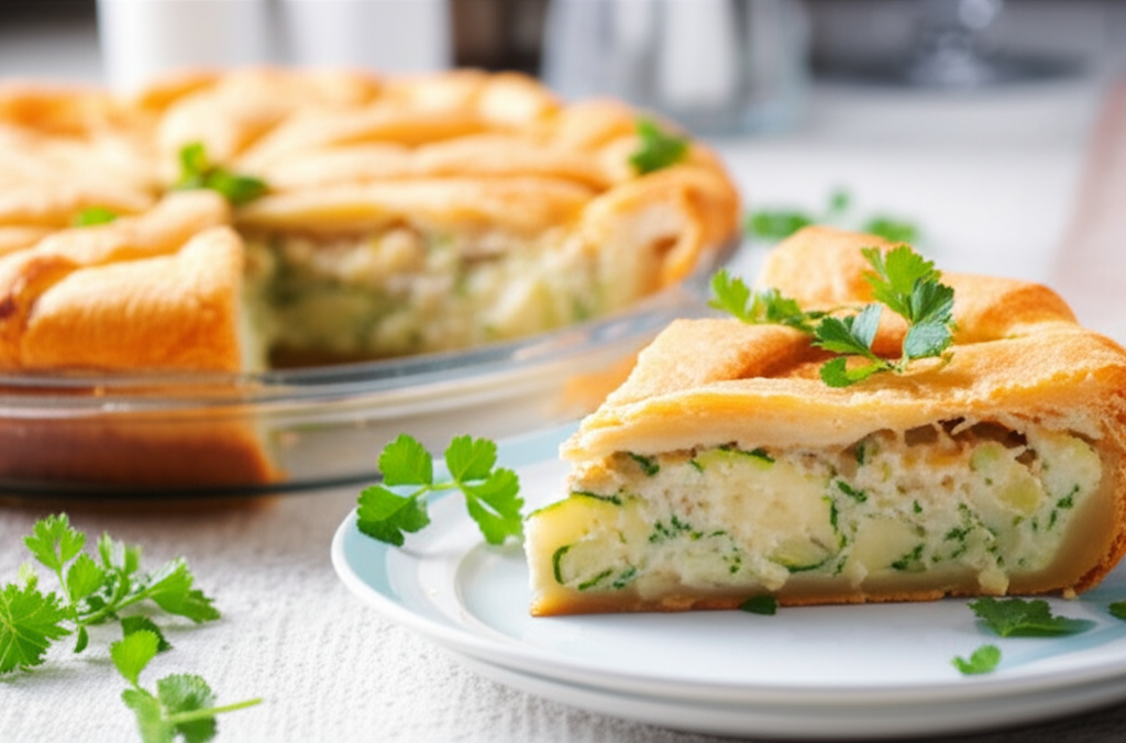 Golden-crusted zucchini pie slice on a plate, garnished with parsley. Whole pie in background.
