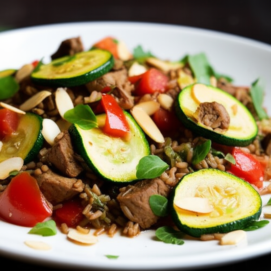 Rice dish with zucchini slices, red peppers, meatless protein pieces, and almond slivers on a white plate.