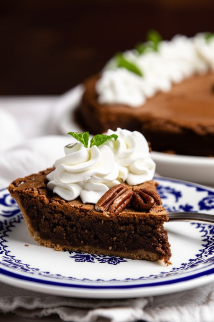 Slice of brownie pie on a blue-patterned plate, topped with whipped cream, pecans, and mint. Whole pie in background.
